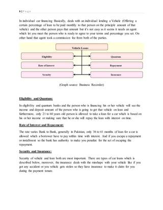 6 | P a g e
In individual car financing Basically, deals with an individual lending a Vehicle (Offering a
certain percentage of loan to be paid monthly to that person on the principle amount of that
vehicle) and the other person pays that amount but it’s not easy as it seems it needs an agent
which let you meet the person who is ready to agree to your terms and percentage you set. On
other hand that agent took a commission fee from both of the parties.
(Graph source: Business Recorder)
Eligibility and Quantum:
In eligibility and quantum banks and the person who is financing his or her vehicle will see the
income and deposit amount of the person who is going to get that vehicle on loan and
furthermore, only 21 to 60 years old person is allowed to take a loan for a car which is based on
his or her income or making sure that he or she will repay the loan with interest on time.
Rate of Interest and Repayment:
The rate varies Bank to Bank, generally in Pakistan, only 36 to 61 months of loan for a car is
allowed which a borrower have to pay within time with interest. And if you escape a repayment
or installment so the bank has authority to make you penalize for the act of escaping the
repayment.
Security and Insurance:
Security of vehicle and loan both are most important. There are types of car loans which is
described below, moreover, the insurance deals with the misshape with your vehicle like if you
got any accident or you vehicle gets stolen so they have insurance to make it claim for you
during the payment tenure.
 