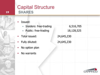 Capital Structure
19   SHARES

      Issued:
            Insiders: free-trading           6,516,705
            Public: free-trading            18,128,525

      Total issued:                  24,645,230

      Fully diluted:                 24,645,230

      No option plan

      No warrants
 