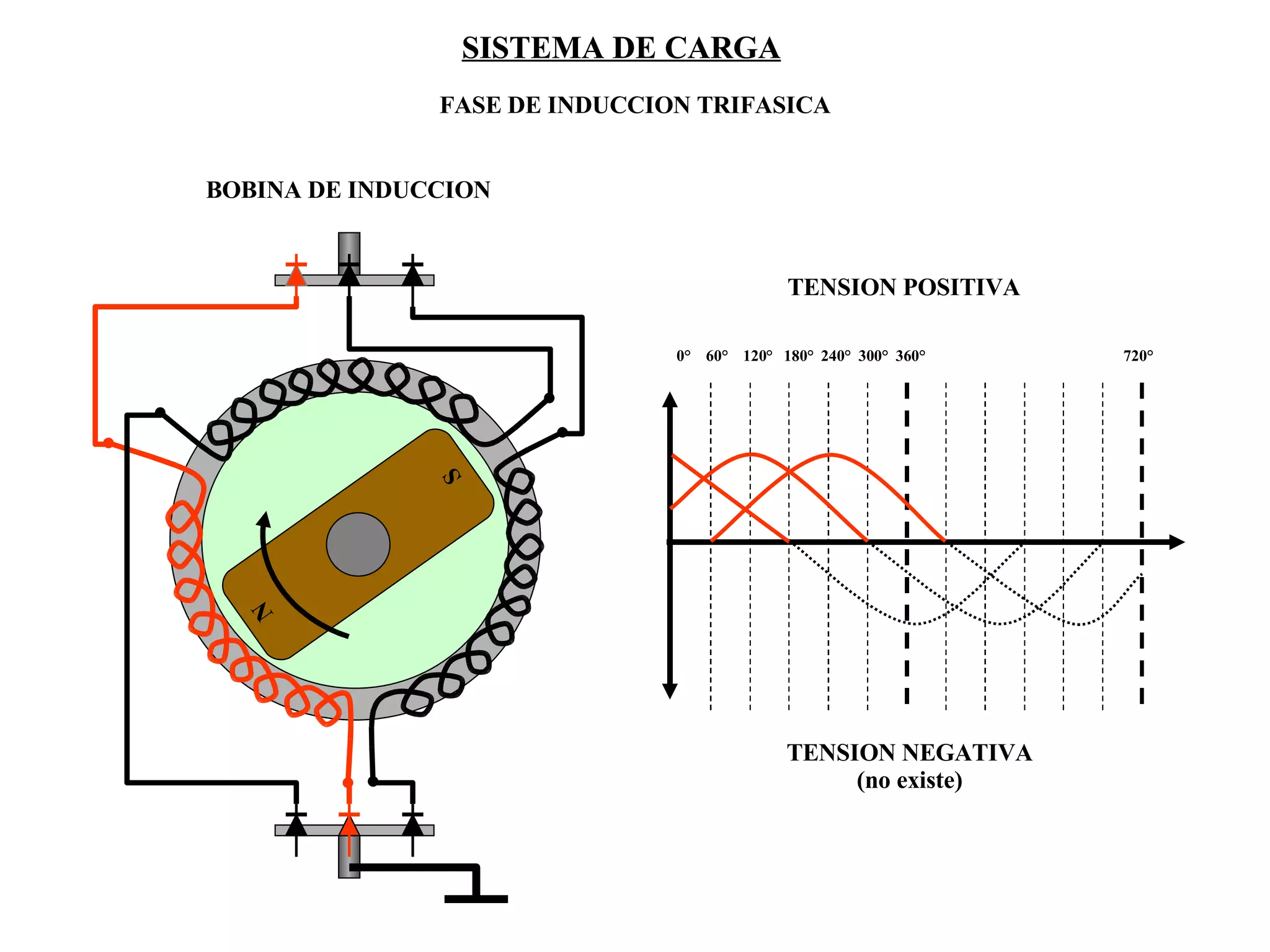 SISTEMA DE CARGA SISTEMA DE CARGA FASE DE INDUCCION TRIFASICA BOBINA DE INDUCCION TENSION POSITIVA TENSION NEGATIVA (no existe) N S 0°  60°  120°  180°  240°  300°  360°  720° 
