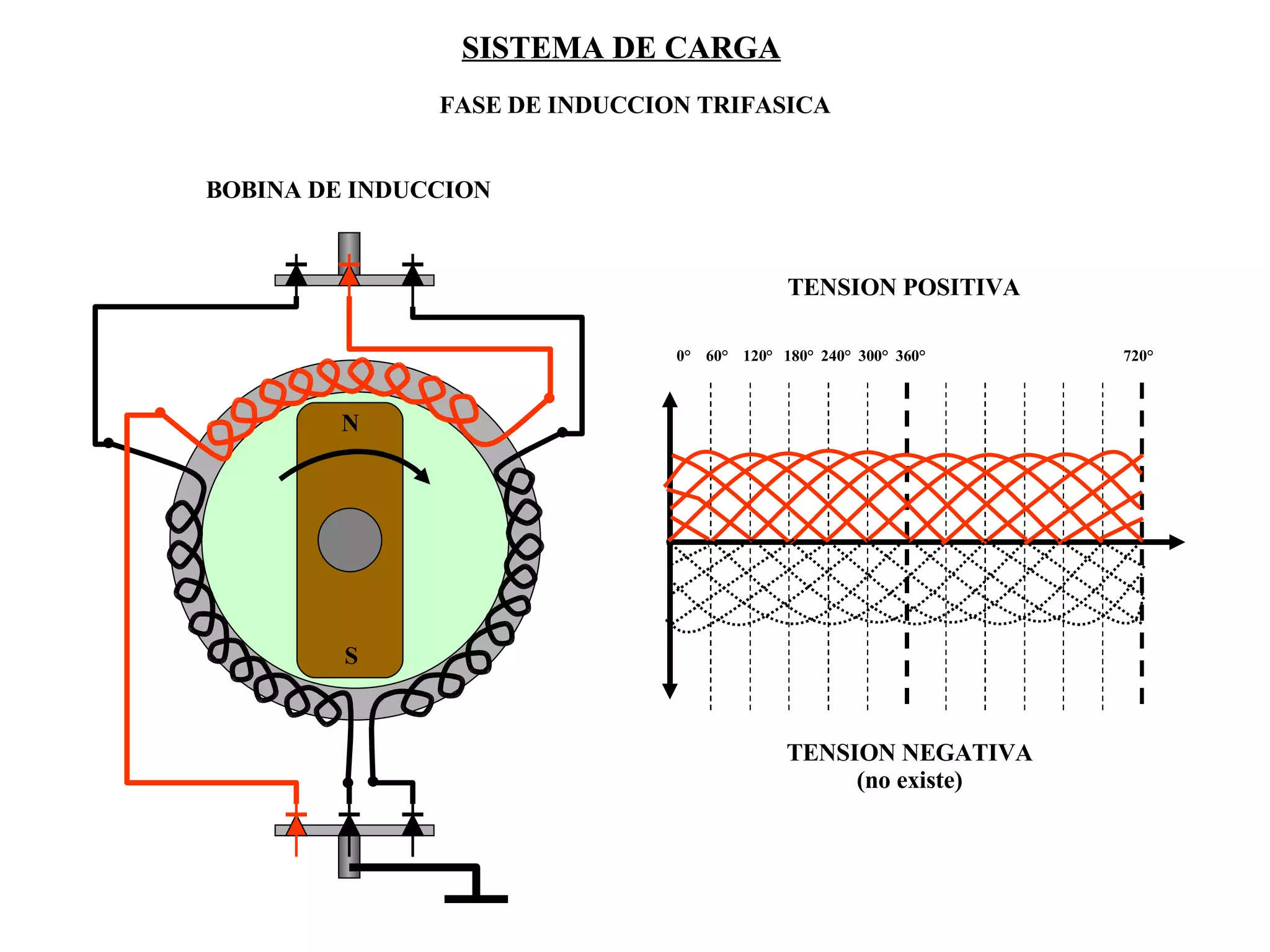 SISTEMA DE CARGA SISTEMA DE CARGA FASE DE INDUCCION TRIFASICA BOBINA DE INDUCCION TENSION POSITIVA TENSION NEGATIVA (no existe) 0°  60°  120°  180°  240°  300°  360°  720° N S 
