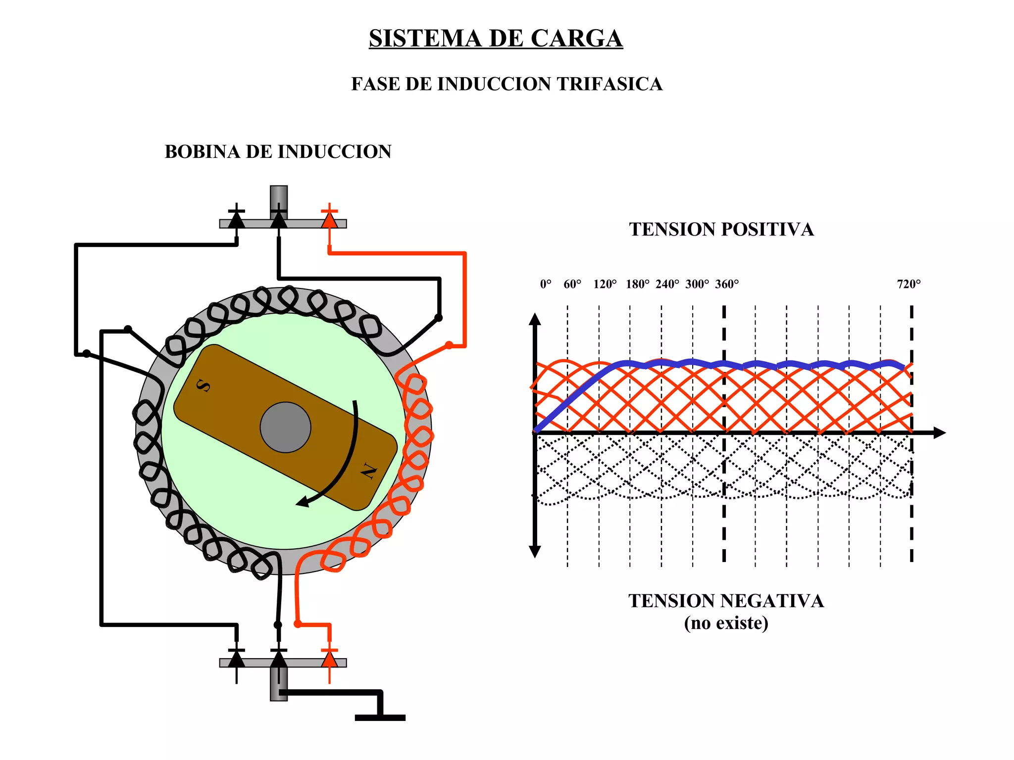 SISTEMA DE CARGA SISTEMA DE CARGA FASE DE INDUCCION TRIFASICA BOBINA DE INDUCCION TENSION POSITIVA TENSION NEGATIVA (no existe) 0°  60°  120°  180°  240°  300°  360°  720° N S 