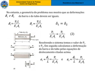 Resistência dos Materiais II
Universidade Federal de Pelotas
Centro de Engenharias
Universidade Federal de Pelotas
Centro de Engenharias
No entanto, a geometria do problema nos mostra que as deformações
da barra e do tubo devem ser iguais.
Resolvendo o sistema temos o valor de P1
e P2. Em seguida calculamos a deformação
da barra e do tubo pelas equações de
deslocamento citadas acima.
1 2
e
 
1 2
1 2
1 1 2 2
P P
=
L L
E A E A
  
1 2
1 1 2 2
P P
(2)
E A E A

1 1 2 2
1 2
1 1 2 2
P P
= e =
L E A L E A
 
 
 
𝛿1 = 𝛿2
 