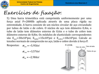 Resistência dos Materiais II
Universidade Federal de Pelotas
Centro de Engenharias
Universidade Federal de Pelotas
Centro de Engenharias
5) Uma barra trimetálica está comprimida uniformemente por uma
força axial P=2000lb aplicada através de uma placa rígida na
extremidade. A barra consiste de um núcleo circular de aço circundado
por tubos de latão e de cobre. O núcleo de aço tem diâmetro 0,4in, o
tubo de latão tem diâmetro externo de 0,6in e o tubo de cobre tem
diâmetro externo de 0,8in. Os módulos de elasticidade correspondentes
são Eaço=30x106psi, Elatão=15x106psi e Ecobre=18x106psi. Calcule as
tensões normais de compressão no aço, latão e cobre devido à força P.
Respostas:
Exercícios de fixação:
aço
cob
lat
5,95
3,57
2,98
ksi
ksi
ksi



 
 
 
 