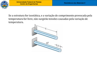 Resistência dos Materiais II
Universidade Federal de Pelotas
Centro de Engenharias
Universidade Federal de Pelotas
Centro de Engenharias
Se a estrutura for isostática, e a variação de comprimento provocada pela
temperatura for livre, não surgirão tensões causadas pela variação de
temperatura.
 