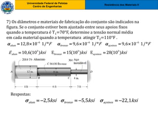 Resistência dos Materiais II
Universidade Federal de Pelotas
Centro de Engenharias
Universidade Federal de Pelotas
Centro de Engenharias
7) Os diâmetros e materiais de fabricação do conjunto são indicados na
figura. Se o conjunto estiver bem ajustado entre seus apoios fixos
quando a temperatura é T1=70°F, determine a tensão normal média
em cada material quando a temperatura atingir T2=110°F .
Respostas:
6 6 6
12,8 10 1/ 9,6 10 1/ 9,6 10 1/
alum bronze açoinox
F F F
  
  
        
3 3 3
10,6(10 ) E 15(10 ) E 28(10 )
alum bronze açoinox
E ksi ksi ksi
  
2,5 5,5 22,1
alum bronze açoinox
ksi ksi ksi
  
     
 