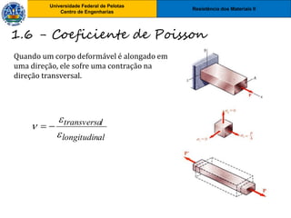 Resistência dos Materiais II
Universidade Federal de Pelotas
Centro de Engenharias
Universidade Federal de Pelotas
Centro de Engenharias
Quando um corpo deformável é alongado em
uma direção, ele sofre uma contração na
direção transversal.
1.6 - Coeficiente de Poisson
al
longitudin
l
transversa


 

 