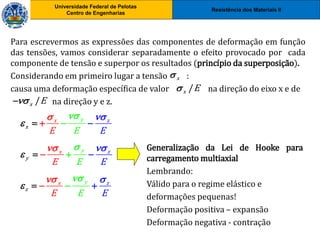 Resistência dos Materiais II
Universidade Federal de Pelotas
Centro de Engenharias
Universidade Federal de Pelotas
Centro de Engenharias
Para escrevermos as expressões das componentes de deformação em função
das tensões, vamos considerar separadamente o efeito provocado por cada
componente de tensão e superpor os resultados (princípio da superposição).
Considerando em primeiro lugar a tensão :
causa uma deformação específica de valor na direção do eixo x e de
na direção y e z.
y
y
y
z
z
x
z
x
x
y
z
x
E
E
E
E E
E E
E
E


























/
x E


Generalização da Lei de Hooke para
carregamento multiaxial
Lembrando:
Válido para o regime elástico e
deformações pequenas!
Deformação positiva – expansão
Deformação negativa - contração
/
x E

x

 
