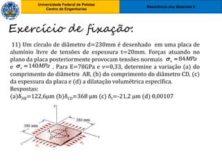 Resistência dos Materiais II
Universidade Federal de Pelotas
Centro de Engenharias
Universidade Federal de Pelotas
Centro de Engenharias
11) Um círculo de diâmetro d=230mm é desenhado em uma placa de
alumínio livre de tensões de espessura t=20mm. Forças atuando no
plano da placa posteriormente provocam tensões normais
e . Para E=70GPa e 𝜈=0,33, determine a variação (a) do
comprimento do diâmetro AB, (b) do comprimento do diâmetro CD, (c)
da espessura da placa e (d) a dilatação volumétrica específica.
Respostas:
(a)δAB=122,6μm (b)δCD=368 μm (c) δt=-21,2 μm (d) 0,00107
Exercício de fixação:
84
x MPa
 
140
z MPa
 
 