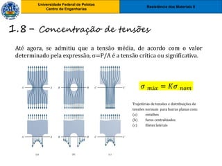 Resistência dos Materiais II
Universidade Federal de Pelotas
Centro de Engenharias
Universidade Federal de Pelotas
Centro de Engenharias
Até agora, se admitiu que a tensão média, de acordo com o valor
determinado pela expressão, =P/A é a tensão crítica ou significativa.
1.8- Concentração de tensões
𝜎 𝑚á𝑥 = 𝐾𝜎 𝑛𝑜𝑚
Trajetórias de tensões e distribuições de
tensões normais para barras planas com:
(a) entalhes
(b) furos centralizados
(c) filetes laterais
 