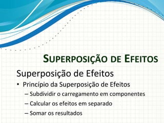 SUPERPOSIÇÃO DE EFEITOS
Superposição de Efeitos
• Princípio da Superposição de Efeitos
– Subdividir o carregamento em componentes
– Calcular os efeitos em separado
– Somar os resultados
 