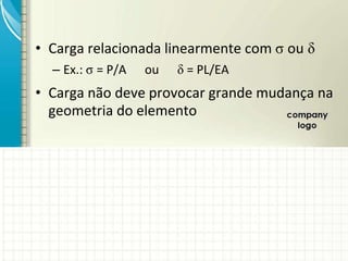 • Carga relacionada linearmente com σ ou δ
– Ex.: σ = P/A ou δ = PL/EA
• Carga não deve provocar grande mudança na
geometria do elemento
 