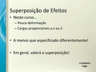 Superposição de Efeitos
• Neste curso...
– Pouca deformação
– Cargas proporcionais a σ ou δ
• A menos que especificado diferentemente!
• Em geral, valerá a superposição!
 