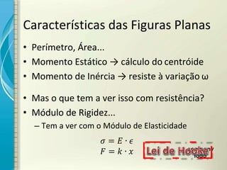 Características das Figuras Planas
• Perímetro, Área...
• Momento Estático → cálculo do centróide
• Momento de Inércia → resiste à variação ω
• Mas o que tem a ver isso com resistência?
• Módulo de Rigidez...
– Tem a ver com o Módulo de Elasticidade
= ∙
= ∙
 