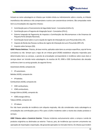 46
Incluem-se nesta subcategoria os tributos que incidem direta ou indiretamente sobre a receita, os tributos
monofásicos não seletivos e não compensáveis e outros com características similares. São computadas neste
item as arrecadações dos seguintes tributos:
 Contribuição para o Financiamento da Seguridade Social – Cumulativo (Cofins-C);
 Contribuição para o Programa de Integração Social – Cumulativo (PIS-C);
 Sistema Integrado de Pagamento de Impostos e Contribuições das Microempresas e das Empresas de
Pequeno Porte (Simples Nacional);
 Contribuição Social sobre o Lucro Líquido do regime de tributação do Lucro Presumido (CSLL-LP);
 Imposto de Renda das Pessoas Jurídicas do regime de tributação do Lucro Presumido (IRPJ-LP);
 Imposto sobre Serviços (ISS).
4200 Tributos Seletivos. Tributos, de base restrita, aplicados sobre bens ou serviços específicos, seja de forma
cumulativa ou não. Sempre que a regra de um tributo geral (4100) estabelecer alíquotas majoradas para
determinados bens ou serviços, a parcela da arrecadação correspondente à incidência sobre esses bens e
serviços dever ser incluída nesta subcategoria. As receitas de IPI, ICMS e CIDE Combustíveis são alocadas
conforme o bem ou serviço gravado, da seguinte forma:
Automóveis (4210), composto de:
 IPI automóveis.
Bebidas (4220), composto de:
 IPI bebidas.
Combustíveis (4230), composto de:
 CIDE combustíveis;
 ICMS combustíveis.
Energia Elétrica (4240), composto de:
 ICMS energia elétrica.
Tabaco (4250), composto de:
 IPI tabaco.
Por não haver previsão de incidência com alíquota majorada, não são consideradas nesta subcategoria as
arrecadações das contribuições para o PIS e para a Cofins incidentes sobre a receita dos citados produtos e
serviços.
4300 Tributos sobre o Comércio Exterior. Tributos incidentes exclusivamente sobre a compra e venda de
produtos originários ou destinados ao exterior. Trata-se, pois, de incidências que ocorrem unicamente nas
operações de importação e exportação, não gravando operações no mercado interno. Os tributos que incidem
 