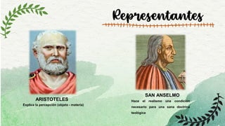 Representantes
ARISTOTELES
SAN ANSELMO
Explica la percepción (objeto - materia)
Hace el realismo una condición
necesario para una sana doctrina
teológica
 