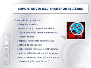 IMPORTANCIA DEL TRANSPORTE AÉREO


   Conocimientos y aptitudes:

      Geografía   mundial.

      Matemáticas    y computación básica

      Lógica,   precisión, orden, organización,

       responsabilidad.

      Rapidez,   habilidades comunicativas.

      Aptitud   de negociación.

      Saber   utilizar manuales e instrucciones.

      Normas    referentes al manejo de carga.

      Normas    de comercio exterior y aduanas.

      Idiomas    (inglés, francés, etc.).
 