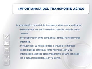IMPORTANCIA DEL TRANSPORTE AÉREO




La exportación comercial del transporte aéreo puede realizarse:

  Directamente    por cada compañía: llamada también venta
    directa.
  Por   colaboración entre compañías: llamada también venta
    interlineal.
  Por   Agencias: La venta se hace a través de empresas
    especializadas conocidas como Agencias IATA y su
    intervención significa aproximadamente el 95% (en valor)
    de la carga transportada por vía aérea.
 