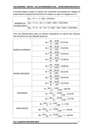 PUC-CAMPINAS – CEATEC – FAC. DE ENGENHARIA CIVIL ESTRUTURAS METÁLICAS II
Prof.º AUGUSTO CANTUSIO NETO 8-7
m.kN40,580,13cPM 1,1 =×=×=
m.kN20,16)60,380,1(3)c2c(PM 2,1 =+×=+×=
m.kN40,32)40,560,380,1(3)c3c2c(PM 3,1 =++×=++×=
kN10,41=
46,0
90,18
=
b
M
=N
1
2
a
kN21,35=
92,0
40,32
=
b
M
=N
2
3
b
kN35,29=
38,1
50,40
=
b
M
=N
3
4
c
kN48,23=
84,1
20,43
=
b
M
=N
4
5
d
kN80,39=
475,0
90,18
=
d
M
=N
1
2
e
kN10,34=
95,0
40,32
=
d
M
=N
2
3
f
kN40,28=
425,1
50,40
=
d
M
=N
3
4
g
kN70,22=
90,1
20,43
=
d
M
=N
4
5
h
kN87,5
92,0
40,5
u
MD
1
1,11 ===
kN43,6
52,2
20,16
u
MD
2
2,12 ===
kN27,7
46,4
40,32
u
MD
3
3,13 ===
kN03
80,1
40,5P
c
MM 1,11 =−=−=
kN50,13
60,3
20,16P
c2
MM 2,12 =−=−=
kN00,33
40,5
40,32P
c3
MM 3,13 =−=−=
A próxima etapa consiste no calculo dos momentos acumulados em relação ao
ponto extremo esquerdo da estrutura em analise, ou seja, em relação ao nó 1:
MOMENTOS
ACUMULADOS
Uma vez determinados todos os valores necessários ao calculo dos esforços
nos elementos da viga treliçada (tesoura):
BANZO SUPERIOR
BANZO INFERIOR
DIAGONAIS
MONTANTES
 