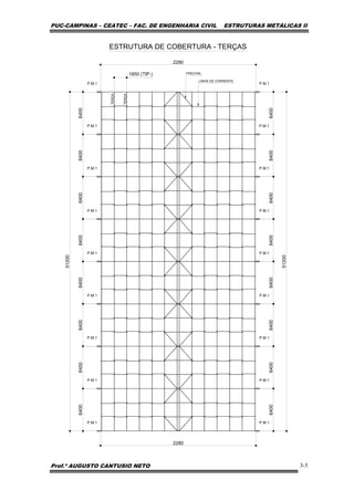 PUC-CAMPINAS – CEATEC – FAC. DE ENGENHARIA CIVIL ESTRUTURAS METÁLICAS II
Prof.º AUGUSTO CANTUSIO NETO 3-5
51200
2280
2280
51200
ESTRUTURA DE COBERTURA - TERÇAS
P.M.1 P.M.1
P.M.1 P.M.1
P.M.1 P.M.1
P.M.1 P.M.1
P.M.1 P.M.1
P.M.1 P.M.1
P.M.1 P.M.1
P.M.1 P.M.1
P.M.1 P.M.1
6400
1850 (TIP.)
6400
LINHA DE CORRENTE
FRECHAL
6400
6400
6400
6400
6400
6400
6400
6400
6400
6400
6400
6400
6400
6400
TERÇA
TERÇA
 
