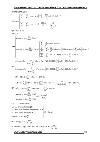 PUC-CAMPINAS – CEATEC – FAC. DE ENGENHARIA CIVIL ESTRUTURAS METÁLICAS II
Prof.º AUGUSTO CANTUSIO NETO 3-32
( )
( )ggo
xef
xef
2
ggo
2
gxoxxef
sx
ggosx
fg
c
gfx
g
xxef
yc
2
bx2
bx
x
x
bx
bx
xef
x
bx
y
2
b
bx
y
b2
y
2
b
2
y
ybx
y
b2
y
b
ybx
y
b2
yyybxbx
x
x
bx
yyybxbx
xef
x
bx
yc
y
yyyc
yy
yc
y
cbx
xef
x
bx
bx
xef
x
bx
lim
y
limlim
yy
I
x'WWyyAyAI'II
AA
M
yyAM
AAA
F
F
AA'WPara
tbseçãodaefetivaáreaAf
twcomprimidamesadabrutaáreaA
seçãodabrutaáreaAAg
'WEWDECÁLCULO
Id
LW
b
F
W
M
f.ne.c.m)a
F
W
M
f.e.c.m)a
F60,0
b
C
E92,5F
F
C
E80,17b
F60,0b
CE3,53
F
F67,0F
F
C
E80,17b
F
C
E55,3
F60,0FF
F
C
E55,3b
FLT
F60,0F60,0F
t
h
0006,026,1FF
h
d
'W
M
f.e.n.c.m)b
F60,0F60,0F
t
h
00041,021,1FF
h
d
W
M
f.e.c.m)a
FLA
F60,0
t
w
193,065,13F60
t
w
F
120
F60,0F
t
w
0032,0767,0FF
F
120
t
w
F
53
F60,0F
F
53
t
w
FF
W
M
f.e.n.c.m)b
FF
W
M
f.e.c.m)a
FLM
FLEXÃO
wbe.n.c.m)b
f
t
w
46
1
f
t211
bwb
t
w
t
w
F60,0Ff
f
142
t
w
wb
t
w
t
w
.e.c.m)a
LOCALFLAMBAGEM
+
==⇒+×∆−×+==
∆−
=⇒×∆=
−=∆
⎪
⎪
⎪
⎭
⎪
⎪
⎪
⎬
⎫
×=⇒
×==
×==
==
⎪
⎪
⎪
⎪
⎪
⎪
⎪
⎪
⎩
⎪⎪
⎪
⎪
⎪
⎪
⎪
⎪
⎨
⎧
×
×
=λ
⎪
⎪
⎩
⎪
⎪
⎨
⎧
≤=⇒
≤=⇒
×≤
λ
××=⇒⎟
⎠
⎞
⎜
⎝
⎛
××>λ
×≤λ×
⎟
⎟
⎠
⎞
⎜
⎜
⎝
⎛
××
−×=⇒⎟
⎠
⎞
⎜
⎝
⎛
××≤λ≤⎟
⎠
⎞
⎜
⎝
⎛
××
×==⇒⎟
⎠
⎞
⎜
⎝
⎛
××<λ
⎪
⎪
⎪
⎪
⎩
⎪⎪
⎪
⎪
⎨
⎧
×≤×××⎟
⎠
⎞
⎜
⎝
⎛
×−=⇒≤
⎟
⎠
⎞
⎜
⎝
⎛
×
=⇒
×≤×××⎟
⎠
⎞
⎜
⎝
⎛
×−=⇒≤
⎟
⎠
⎞
⎜
⎝
⎛
×
=⇒
⎪
⎪
⎪
⎪
⎪
⎪
⎩
⎪
⎪
⎪
⎪
⎪
⎪
⎨
⎧
⎪
⎪
⎪
⎪
⎩
⎪
⎪
⎪
⎪
⎨
⎧
×≤⎟
⎠
⎞
⎜
⎝
⎛
×−=⇒≤⎟
⎠
⎞
⎜
⎝
⎛
<
×≤⎥
⎦
⎤
⎢
⎣
⎡
×⎟
⎠
⎞
⎜
⎝
⎛
×−×=⇒≤⎟
⎠
⎞
⎜
⎝
⎛
<
×=⇒≤⎟
⎠
⎞
⎜
⎝
⎛
=≤=⇒
=≤=⇒
=⇒
⎪
⎪
⎪
⎪
⎩
⎪⎪
⎪
⎪
⎨
⎧
⎥
⎥
⎥
⎥
⎦
⎤
⎢
⎢
⎢
⎢
⎣
⎡
×⎟
⎠
⎞
⎜
⎝
⎛
−×
×
=⇒<⇒⎟
⎠
⎞
⎜
⎝
⎛
>⎟
⎠
⎞
⎜
⎝
⎛
×==⇒=⎟
⎠
⎞
⎜
⎝
⎛
⇒=⇒⎟
⎠
⎞
⎜
⎝
⎛
≤⎟
⎠
⎞
⎜
⎝
⎛
⇒
⎥
⎥
⎥
⎦
⎤
⎢
⎢
⎢
⎣
⎡
⎥
⎥
⎥
⎦
⎤
⎢
⎢
⎢
⎣
⎡
 