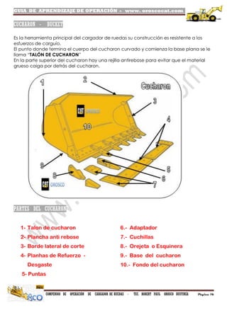 GUIA DE APRENDIZAJE DE OPERACIÓN - www. oroscocat.com /
COMPENDIO DE OPERACIÓN DE CARGADOR DE RUEDAS - TEC. ROBERT PAUL OROSCO BUSTINZA Página 16
CUCHARON - BUCKET
Es la herramienta principal del cargador de ruedas su construcción es resistente a los
esfuerzos de carguío.
El punto donde termina el cuerpo del cucharon curvado y comienza la base plana se le
llama “TALÓN DE CUCHARON”
En la parte superior del cucharon hay una rejilla antirebose para evitar que el material
grueso caiga por detrás del cucharon.
PARTES DEL CUCHARON
1- Talon de cucharon
2- Plancha anti rebose
3- Borde lateral de corte
4- Planhas de Refuerzo -
Desgaste
5- Puntas
6.- Adaptador
7.- Cuchillas
8.- Orejeta o Esquinera
9.- Base del cucharon
10.- Fondo del cucharon
 