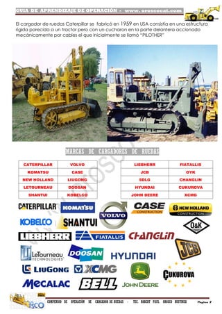 GUIA DE APRENDIZAJE DE OPERACIÓN - www. oroscocat.com /
COMPENDIO DE OPERACIÓN DE CARGADOR DE RUEDAS - TEC. ROBERT PAUL OROSCO BUSTINZA Página 2
El cargador de ruedas Caterpillar se fabricó en 1959 en USA consistía en una estructura
rígida parecida a un tractor pero con un cucharon en la parte delantera accionado
mecánicamente por cables el que inicialmente se llamó “PILOTHER”
MARCAS DE CARGADORES DE RUEDAS
CATERPILLAR VOLVO
KOMATSU CASE
NEW HOLLAND LIUGONG
LETOURNEAU DOOSAN
SHANTUI KOBELCO
LIEBHERR FIATALLIS
JCB OYK
SDLG CHANGLIN
HYUNDAI CUKUROVA
JOHN DEERE XCMG
 