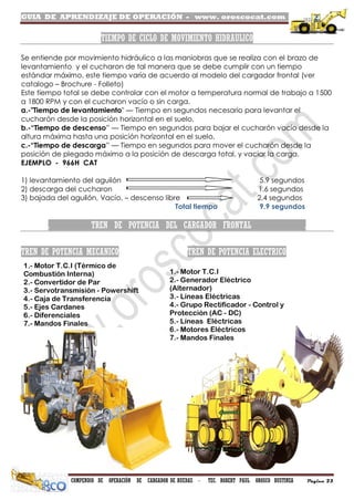 GUIA DE APRENDIZAJE DE OPERACIÓN - www. oroscocat.com /
COMPENDIO DE OPERACIÓN DE CARGADOR DE RUEDAS - TEC. ROBERT PAUL OROSCO BUSTINZA Página 23
TIEMPO DE CICLO DE MOVIMIENTO HIDRAULICO
Se entiende por movimiento hidráulico a las maniobras que se realiza con el brazo de
levantamiento y el cucharon de tal manera que se debe cumplir con un tiempo
estándar máximo, este tiempo varía de acuerdo al modelo del cargador frontal (ver
catalogo – Brochure - Folleto)
Este tiempo total se debe controlar con el motor a temperatura normal de trabajo a 1500
a 1800 RPM y con el cucharon vacío o sin carga.
a.-"Tiempo de levantamiento" — Tiempo en segundos necesario para levantar el
cucharón desde la posición horizontal en el suelo.
b.-“Tiempo de descenso” — Tiempo en segundos para bajar el cucharón vacío desde la
altura máxima hasta una posición horizontal en el suelo.
c.-“Tiempo de descarga” — Tiempo en segundos para mover el cucharón desde la
posición de plegado máximo a la posición de descarga total, y vaciar la carga.
EJEMPLO - 966H CAT
1) levantamiento del aguilón 5.9 segundos
2) descarga del cucharon 1.6 segundos
3) bajada del aguilón, Vacío, – descenso libre 2.4 segundos
Total tiempo 9.9 segundos
. TREN DE POTENCIA DEL CARGADOR FRONTAL .
TREN DE POTENCIA MECANICO TREN DE POTENCIA ELECTRICO
1.- Motor T.C.I (Térmico de
Combustión Interna)
2.- Convertidor de Par
3.- Servotransmisión - Powershift
4.- Caja de Transferencia
5.- Ejes Cardanes
6.- Diferenciales
7.- Mandos Finales
1.- Motor T.C.I
2.- Generador Eléctrico
(Alternador)
3.- Líneas Eléctricas
4.- Grupo Rectificador - Control y
Protección (AC - DC)
5.- Líneas Eléctricas
6.- Motores Eléctricos
7.- Mandos Finales
 