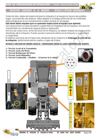 GUIA DE APRENDIZAJE DE OPERACIÓN - www. oroscocat.com /
COMPENDIO DE OPERACIÓN DE CARGADOR DE RUEDAS - TEC. ROBERT PAUL OROSCO BUSTINZA Página 44
. INSPECCION ALREDEDOR DE LA MAQUINA - NIVELES A REVISAR DIARIAMENTE .
Ç
Todos los días, debe de inspeccionarse la máquina ó el equipo en busca de posibles
fugas, acumulación de residuos, fallas debido a la fatiga potencial de los materiales,
fallas progresivas en los componentes ó fallas severas en el equipo.
Esta tarea diaria requiere que un operador inspeccione el equipo que operará.
Las inspecciones no sólo ayudarán a garantizar la integridad de los equipos, sino que los
mantendrán en condiciones seguras para su operación.
Al inicio de cada turno, antes de arrancar la máquina, se deben realizar las inspecciones
alrededor de la máquina. Puede ayudar a prevenir daños en la máquina y a garantizar
su seguridad.
El objetivo principal de la inspección alrededor de la máquina es Prolongar la vida útil de
la máquina, detectando pernos sueltos y fugas de fluidos.
NIVELES A REVISAR EN ORDEN LOGICO / EMPEZANDO DESDE EL LADO IZQUIERDO DEL EQUIPO
1.- Nivel de Aceite de la Transmisión.
2.- Nivel de Aceite del Motor.
3.- Nivel de Refrigerante del Motor.
4.- Nivel de Aceite Hidráulico.
5.- Nivel de Combustible – (Medidor – Al interior de la cabina)
 