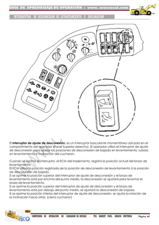 GUIA DE APRENDIZAJE DE OPERACIÓN - www. oroscocat.com /
COMPENDIO DE OPERACIÓN DE CARGADOR DE RUEDAS - TEC. ROBERT PAUL OROSCO BUSTINZA Página 61
. INTERRUPTOR DE DESCONEXION DE LEVANTAMIENTO E INCLINACION .
El interruptor de ajuste de desconexión, es un interruptor basculante momentáneo ubicado en el
compartimiento del operador (Panel Superior derecho). El operador utiliza el interruptor de ajuste
de desconexión para ajustar las posiciones de desconexión de bajada en levantamiento, subida
en levantamiento e inclinación del cucharon.
Cuando se oprime el interruptor, el ECM del implemento, registra la posición actual del brazo de
levantamiento.
El ECM utiliza la posición registrada de la posición de desconexión de levantamiento ó la posición
de desconexión de bajada.
Si se oprime la posición superior del interruptor de ajuste de desconexión y el brazo de
levantamiento está por encima del punto medio, la desconexión se ajustará para levantar el
brazo de levantamiento.
Si se oprime la posición superior del interruptor de ajuste de desconexión y el brazo de
levantamiento está por debajo del punto medio, se ajustará la desconexión de bajada.
Si se oprime la posición inferior del interruptor de ajuste de desconexión, se ajusta la rotación de
la inclinación hacia atrás, (cierra cucharon)
 
