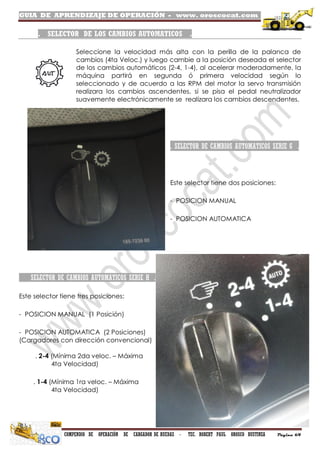 GUIA DE APRENDIZAJE DE OPERACIÓN - www. oroscocat.com /
COMPENDIO DE OPERACIÓN DE CARGADOR DE RUEDAS - TEC. ROBERT PAUL OROSCO BUSTINZA Página 64
. SELECTOR DE LOS CAMBIOS AUTOMATICOS .
Seleccione la velocidad más alta con la perilla de la palanca de
cambios (4ta Veloc.) y luego cambie a la posición deseada el selector
de los cambios automáticos (2-4, 1-4), al acelerar moderadamente, la
máquina partirá en segunda ó primera velocidad según lo
seleccionado y de acuerdo a las RPM del motor la servo transmisión
realizara los cambios ascendentes, si se pisa el pedal neutralizador
suavemente electrónicamente se realizara los cambios descendentes.
. SELECTOR DE CAMBIOS AUTOMATICOS SERIE G .
Este selector tiene dos posiciones:
- POSICION MANUAL
- POSICION AUTOMATICA
SELECTOR DE CAMBIOS AUTOMATICOS SERIE H .
Este selector tiene tres posiciones:
- POSICION MANUAL (1 Posición)
- POSICION AUTOMATICA (2 Posiciones)
(Cargadores con dirección convencional)
. 2-4 (Mínima 2da veloc. – Máxima
4ta Velocidad)
. 1-4 (Mínima 1ra veloc. – Máxima
4ta Velocidad)
 