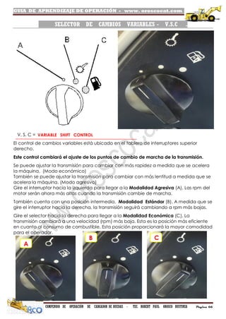 GUIA DE APRENDIZAJE DE OPERACIÓN - www. oroscocat.com /
COMPENDIO DE OPERACIÓN DE CARGADOR DE RUEDAS - TEC. ROBERT PAUL OROSCO BUSTINZA Página 66
SELECTOR DE CAMBIOS VARIABLES - V.S.C .
V. S. C =
El control de cambios variables está ubicado en el tablero de interruptores superior
derecho.
Este control cambiará el ajuste de los puntos de cambio de marcha de la transmisión.
Se puede ajustar la transmisión para cambiar con más rapidez a medida que se acelera
la máquina. (Modo económico)
También se puede ajustar la transmisión para cambiar con más lentitud a medida que se
acelera la máquina. (Modo agresivo)
Gire el interruptor hacia la izquierda para llegar a la Modalidad Agresiva (A). Las rpm del
motor serán ahora más altas cuando la transmisión cambie de marcha.
También cuenta con una posición intermedia, Modalidad Estándar (B). A medida que se
gire el interruptor hacia la derecha, la transmisión seguirá cambiando a rpm más bajas.
Gire el selector hacia la derecha para llegar a la Modalidad Económica (C). La
transmisión cambiará a una velocidad (rpm) más baja. Esta es la posición más eficiente
en cuanto al consumo de combustible. Esta posición proporcionará la mayor comodidad
para el operador.
A
A
VARIABLE SHIFT CONTROL
A
B C
 