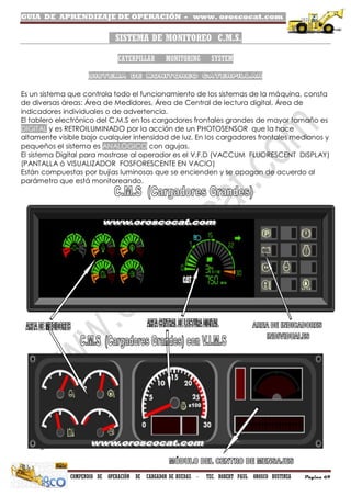 GUIA DE APRENDIZAJE DE OPERACIÓN - www. oroscocat.com /
COMPENDIO DE OPERACIÓN DE CARGADOR DE RUEDAS - TEC. ROBERT PAUL OROSCO BUSTINZA Página 69
SISTEMA DE MONITOREO C.M.S.
CATERPILLAR MONITORING SYSTEM
SISTEMA DE MONITOREO CATERPILLAR
Es un sistema que controla todo el funcionamiento de los sistemas de la máquina, consta
de diversas áreas: Área de Medidores, Área de Central de lectura digital, Área de
indicadores individuales o de advertencia.
El tablero electrónico del C.M.S en los cargadores frontales grandes de mayor tamaño es
DIGITAL y es RETROILUMINADO por la acción de un PHOTOSENSOR que la hace
altamente visible bajo cualquier intensidad de luz. En los cargadores frontales medianos y
pequeños el sistema es ANALÓGICO con agujas.
El sistema Digital para mostrase al operador es el V.F.D (VACCUM FLUORESCENT DISPLAY)
(PANTALLA ó VISUALIZADOR FOSFORESCENTE EN VACIO)
Están compuestas por bujías luminosas que se encienden y se apagan de acuerdo al
parámetro que está monitoreando.
 