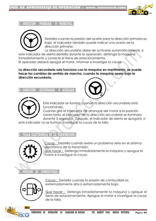 GUIA DE APRENDIZAJE DE OPERACIÓN - www. oroscocat.com /
COMPENDIO DE OPERACIÓN DE CARGADOR DE RUEDAS - TEC. ROBERT PAUL OROSCO BUSTINZA Página 82
C.- DIRECCIÓN PRIMARIA Ó PRINCIPAL.-
Destella cuando la presión del aceite para la dirección primaria es
baja, el indicador también puede indicar una avería de la
dirección primaria.
La dirección secundaria debe de activarse automáticamente, si
este indicador de alerta destella durante la operación, detenga la maquina
inmediatamente y conecte el freno de estacionamiento.
El operador deberá apagar el motor, informar e investigar la causa.
La dirección secundaria solo funciona con la maquina en movimiento, se puede
hacer los cambios de sentido de marcha, cuando la maquina opera bajo la
dirección secundaria.
D.- DIRECCIÓN SECUNDARIA Ó AUXILIAR.-
Este indicador se ilumina cuando la dirección secundaria está
funcionando.
Cuando gire el interruptor de arranque del motor a la posición
conectada, el indicador de la dirección secundaria se iluminara
durante 3 segundos. Después, el indicador de alerta se apagará, si
este indicador no se ilumina, investigue la causa de la falla
E.- FALLA ELECTRONICA DE LA TRANSMISION.-
Causa : Destella cuando existe un problema serio en el sistema
electrónico de la transmisión
Que hacer : Detenga inmediatamente la máquina y apague el
motor e investigue la causa.
F.- PRESION DE COMBUSTIBLE.-
Causa : Destella cuando la presión de combustible es
extremadamente alta ó extremadamente baja.
Que hacer : Detenga inmediatamente la máquina y aplique el
freno de estacionamiento, Apague el motor e investigue la causa
de la falla.
 