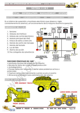 GUIA DE APRENDIZAJE DE OPERACIÓN - www. oroscocat.com /
COMPENDIO DE OPERACIÓN DE CARGADOR DE RUEDAS - TEC. ROBERT PAUL OROSCO BUSTINZA Página 83
SISTEMA V.I.M.S .
SISTEMA DE ADMINISTRACION DE INFORMACION VITAL
Es un sistema de supervisión y monitoreo electrónico que observa y vigila
constantemente los sistemas y el funcionamiento de la máquina durante la operación.
COMPONENTES DEL V.I.M.S
1. Sensores
2. Módulos de interface
3. Módulo de control electrónico
4. Modulo principal del VIMS
5. Enlace de datos o Data Link
6. Mando de centro de mensajes
7. Mando del teclado
8. Luz de falla
9. Alarma de acción
10.Tres categorías de advertencia
FUNCIONES PRINCIPALES DEL VIMS
• Monitoreo General del estado de la máquina
• Recolectar datos de carga útil para producción
• Autodiagnóstico
• Proveer detección temprana y alertar sobre problemas activos o
potenciales
• Capturar datos automáticamente cuando ocurre un evento
• Almacenar información para administración del sistema
EQUIPOS QUE CUENTAN CON VIMS
FRONT SHOVEL
LARGE WHEEL LOADER
OFF HIGHWAY TRUCK
 
