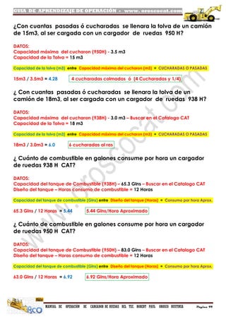 GUIA DE APRENDIZAJE DE OPERACIÓN - www. oroscocat.com
MANUAL DE OPERACIÓN DE CARGADOR DE RUEDAS DEL TEC. ROBERT PAUL OROSCO BUSTINZA Página 99
¿Con cuantas pasadas ó cucharadas se llenara la tolva de un camión
de 15m3, al ser cargada con un cargador de ruedas 950 H?
DATOS:
Capacidad máxima del cucharon (950H) - 3.5 m3
Capacidad de la Tolva = 15 m3
Capacidad de la tolva (m3) entre Capacidad máxima del cucharon (m3) = CUCHARADAS O PASADAS
15m3 / 3.5m3 = 4.28 4 cucharadas colmadas ó (4 Cucharadas y 1/4)
¿ Con cuantas pasadas ó cucharadas se llenara la tolva de un
camión de 18m3, al ser cargada con un cargador de ruedas 938 H?
DATOS:
Capacidad máxima del cucharon (938H) - 3.0 m3 – Buscar en el Catalogo CAT
Capacidad de la Tolva = 18 m3
Capacidad de la tolva (m3) entre Capacidad máxima del cucharon (m3) = CUCHARADAS O PASADAS
18m3 / 3.0m3 = 6.0 6 cucharadas al ras
¿ Cuánto de combustible en galones consume por hora un cargador
de ruedas 938 H CAT?
DATOS:
Capacidad del tanque de Combustible (938H) – 65.3 Glns – Buscar en el Catalogo CAT
Diseño del tanque – Horas consumo de combustible = 12 Horas
Capacidad del tanque de combustible (Glns) entre Diseño del tanque (Horas) = Consumo por hora Aprox.
65.3 Glns / 12 Horas = 5.44 5.44 Glns/Hora Aproximado
¿ Cuánto de combustible en galones consume por hora un cargador
de ruedas 950 H CAT?
DATOS:
Capacidad del tanque de Combustible (950H) – 83.0 Glns – Buscar en el Catalogo CAT
Diseño del tanque – Horas consumo de combustible = 12 Horas
Capacidad del tanque de combustible (Glns) entre Diseño del tanque (Horas) = Consumo por hora Aprox.
63.0 Glns / 12 Horas = 6.92 6.92 Glns/Hora Aproximado
 