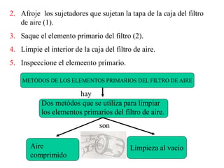 2. Afroje los sujetadores que sujetan la tapa de la caja del filtro
de aire (1).
3. Saque el elemento primario del filtro (2).
4. Limpie el interior de la caja del filtro de aire.
5. Inspeccione el elemeento primario.
METÓDOS DE LOS ELEMENTOS PRIMARIOS DEL FILTRO DE AIRE
Dos metódos que se utiliza para limpiar
los elementos primarios del filtro de aire.
Limpieza al vacio
Aire
comprimido
hay
son
 
