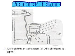 1. Afloje el perno en la abrazadera (2). Quite el conjunto de
capó (1)
 