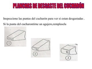 Inspeccione las puntas del cucharón para ver si estan desgastadas .
Si la punta del cucharontirne un agujero,remplasela
 
