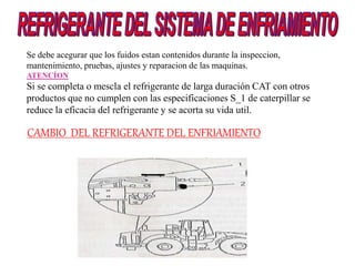 Se debe acegurar que los fuidos estan contenidos durante la inspeccion,
mantenimiento, pruebas, ajustes y reparacion de las maquinas.
ATENCÍON
Si se completa o mescla el refrigerante de larga duración CAT con otros
productos que no cumplen con las especificaciones S_1 de caterpillar se
reduce la eficacia del refrigerante y se acorta su vida util.
CAMBIO DEL REFRIGERANTE DEL ENFRIAMIENTO
 