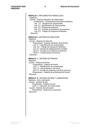 CARGADOR 994D                          8                    Material del Estudiante
DMSE0002



                  MODULO 5 : IMPLEMENTOS HIDRAULICOS
                   Objetivos
                   Lección : Sistema hidráulico de implementos
                        Presentación : Componentes del sistema hidráulico
                         Lab 5.1 : Ubicación de componentes
                         Lab 5.2 : Identificación de Componentes
                         Lab 5.3 : Pruebas de operación
                         Lab 5.4 : Pruebas de evaluación de presiones
                         Lab 5.5 : Trabajo con Esquema Hidráulico
                    Resumen

                  MODULO 6 : SISTEMA DE DIRECCIÓN
                  Objetivos
                  Lección : Sistema de dirección
                       Presentación : Sistema hidráulico de dirección
                        Lab 6.1 - Identificación de componentes
                        Lab 6.2 - Trabajo con Esquema Hidráulico
                        Lab 6.3 - Bomba de desplazamiento variable
                        Lab 6.4 - Pruebas en el sistema de dirección
                        Lab 6.5 – Componentes y funciones
                   Resumen

                  MODULO 7 : SISTEMA DE FRENOS
                  Objetivos
                  Lección : Sistema de frenos
                       Presentación : Sistema de frenos
                        Lab 7.1 - Identificación de componentes
                        Lab 7.2 – Componentes y funciones
                        Lab 7.3 - Prueba de presiones (ver M de Servicio).
                       Presentación : Sistema de enfriamiento de frenos
                   Resumen

                  MODULO 8 : SISTEMA DE AIRE Y LUBRICACION
                  Objetivos - Aire y lubricación
                  Lección : Sistema de aire
                      Presentación : Sistema de aire
                      Lab 8.1 – Ubicación de componentes
                   Lección : Sistema de lubricación
                      Presentación : Sistema de Lubricación
                   Resumen




FERREYROS S.A.A                                                         Desarrollo Técnico
FCR Ago02                                                                     994D-Indice
 