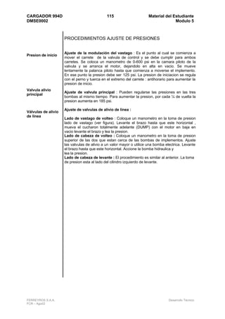 CARGADOR 994D                                 115                      Material del Estudiante
DMSE0002                                                                             Modulo 5



                     PROCEDIMIENTOS AJUSTE DE PRESIONES


                     Ajuste de la modulación del vastago : Es el punto al cual se comienza a
Presion de inicio
                     mover el carrete de la valvula de control y se debe cumplir para ambos
                     carretes. Se coloca un manometro de 0-600 psi en la camara piloto de la
                     valvula y se arranca el motor, dejandolo en alta en vacio. Se mueve
                     lentamente la palanca piloto hasta que comienza a moverse el implemento.
                     En ese punto la presion debe ser 125 psi. La presion de iniciacion se regula
                     con el perno y tuerca en el extremo del carrete : antihorario para aumentar la
                     presion de inicio.
Valvula alivio
                     Ajuste de valvula principal : Pueden regularse las presiones en las tres
principal
                     bombas al mismo tiempo. Para aumentar la presion, por cada ¼ de vuelta la
                     presion aumenta en 185 psi.

                     Ajuste de valvulas de alivio de linea :
Válvulas de alivio
de linea
                     Lado de vastago de volteo : Coloque un manometro en la toma de presion
                     lado de vastago (ver figura). Levante el brazo hasta que este horizontal ,
                     mueva el cucharon totalmente adelante (DUMP) con el motor en baja en
                     vacio levante el brazo y lea la presion.
                     Lado de cabeza de volteo : Coloque un manometro en la toma de presion
                     superior de las dos que estan cerca de las bombas de implementos. Ajuste
                     las valvulas de alivio a un valor mayor o utilice una bomba electrica. Levante
                     el brazo hasta que este horizontal. Accione la bomba hidraulica y
                     lea la presion.
                     Lado de cabeza de levante : El procedimiento es similar al anterior. La toma
                     de presion esta al lado del cilindro izquierdo de levante.




FERREYROS S.A.A.                                                                  Desarrollo Técnico
FCR – Ago02
 