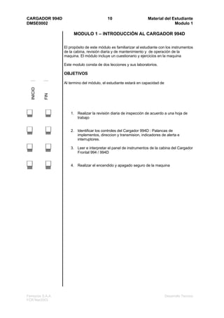 CARGADOR 994D                                10                      Material del Estudiante
DMSE0002                                                                           Modulo 1

                        MODULO 1 – INTRODUCCIÓN AL CARGADOR 994D

                   El propósito de este módulo es familiarizar al estudiante con los instrumentos
                   de la cabina, revisión diaria y de mantenimiento y de operación de la
                   maquina. El módulo incluye un cuestionario y ejercicios en la maquina

                   Este modulo consta de dos lecciones y sus laboratorios.

                   OBJETIVOS

                   Al termino del módulo, el estudiante estará en capacidad de
   INICIO


            FIN




                       1. Realizar la revisión diaria de inspección de acuerdo a una hoja de
                          trabajo


                       2. Identificar los controles del Cargador 994D : Palancas de
                          implementos, direccion y transmision, indicadores de alerta e
                          interruptores.

                       3. Leer e interpretar el panel de instrumentos de la cabina del Cargador
                          Frontal 994 / 994D


                       4. Realizar el encendido y apagado seguro de la maquina




Ferreyros S.A.A.                                                                 Desarrollo Tecnico
FCR Mar2003
 