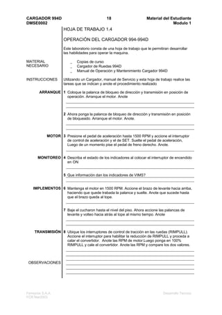 CARGADOR 994D                                   18                      Material del Estudiante
DMSE0002                                                                              Modulo 1
                      HOJA DE TRABAJO 1.4

                      OPERACIÓN DEL CARGADOR 994-994D
                      Este laboratorio consta de una hoja de trabajo que le permitiran desarrollar
                      las habilidades para operar la maquina.

MATERIAL                  _   Copias de curso
NECESARIO                 _   Cargador de Ruedas 994D
                          _   Manual de Operación y Mantenimiento Cargador 994D

INSTRUCCIONES         Utilizando un Cargador, manual de Servicio y esta hoja de trabajo realice las
                      tareas que se indican y anote el procedimiento realizado

        ARRANQUE 1 Coloque la palanca de bloqueo de dirección y transmisión en posición de
                   operación. Arranque el motor. Anote



                      2 Ahora ponga la palanca de bloqueo de dirección y transmisión en posición
                        de bloqueado. Arranque el motor. Anote.



             MOTOR 3 Presione el pedal de aceleración hasta 1500 RPM y accione el interruptor
                     de control de aceleración y el de SET. Suelte el pedal de aceleración,
                     Luego de un momento pise el pedal de freno derecho. Anote.


       MONITOREO 4 Describa el estado de los indicadores al colocar el interruptor de encendido
                   en ON


                      5 Que información dan los indicadores de VIMS?


    IMPLEMENTOS 6 Mantenga el motor en 1500 RPM. Accione el brazo de levante hacia arriba,
                  haciendo que quede trabada la palanca y suelte. Anote que sucede hasta
                  que el brazo queda al tope.


                      7 Baje el cucharon hasta el nivel del piso. Ahora accione las palancas de
                        levante y volteo hacia atrás al tope al mismo tiempo. Anote



     TRANSMISIÓN 8 Ubique los interruptores de control de tracción en las ruedas (RIMPULL).
                   Accione el interruptor para habilitar la reducción de RIMPULL y proceda a
                   calar el convertidor. Anote las RPM de motor.Luego ponga en 100%
                   RIMPULL y cale el convertidor. Anote las RPM y compare los dos valores.



 OBSERVACIONES




Ferreyros S.A.A.                                                                   Desarrollo Tecnico
FCR Mar2003
 