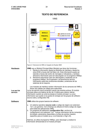 CARGADOR 994D                                    23                                Material del Estudiante
DMSE0002                                                                                         Modulo 2


                                          TEXTO DE REFERENCIA
                                                            VIMS



                                                                              3F
                                                                                         CENTRO DE
                                                                                         MENSAJES TECLADO

                                          MODULO                                                      ECM
                                                                        LAMPARA DE ACCION
                                                                                                     MOTOR
                         VIMS PC
                                         PRINCIPAL                      ALARMS DE ACCION


                                             VIMS                      CAT DATA LINK



                                                                                                      ECM
                                                                                                     TRANS

                                    RADIO
                                                 LUZ DE
                                                SERVICIO




                                                                 INTERFASE         INTERFASE
                                                                     1                 2




                   Figura 2.1 Estructura de VIMS en Cargador de Ruedas 994D

Hardware           VIMS usa un Modulo Principal (Main Module) que tiene dos funciones :
                      1. Recibe la información desde los Modulos de Interfase y desde los
                          otros ECM a traves del Cat Data Link. Esta información puede ser
                          obenida a traves del centro de mensajes e indicadores, y tambien
                          almacena información para ser descargada con el programa VIMSpc.
                      2. Almacena información para ser descargada y analizada con el
                          programa VIMSpc. Da al operador y al personal de servicio
                          información sobre las condiciones actuales y anteriores de los
                          sistemas de la maquina.

                        Los modulos de interface reciben información de los sensores de VIMS y
                        tienen dos salidas de voltaje para solenoides.
Luz azul de        La luz de servicio (azul) enciende cuando hay eventos activos. El modulo
servicio           principal utiliza una bateria de litio de 3 Voltios para retener retener
                   información cuando se corta la energía al modulo principal. La unica
                   informacion que queda si se queda sin energia son los grupos de software :
                   source code y configuration file.

Software           VIMS utiliza dos grupos basicos de software :

                   a. Un sistema operativo (source code o codigo de origen) con extension
                      “src” y es generico. Con el tiempo se utilizara el mismo codigo de origen
                      para todas las aplicaciones VIMS.
                   b. Un programa de aplicación (configuration file o archivo de
                      configuracion) con extension “cnf”. Incluye informacion de los comandos
                      de teclado, parametros disponibles y la lista de eventos maestra
                      especifico para el modelo (p.ej. si es Estandar o High Lift).

                   Ademas, se utiliza el programa VIMSpc, para descargar y analizar la
                   información almacenada en el modulo principal.

FERREYROS S.A.A.                                                                               Desarrollo Técnico
FCR –Ago02                                                                                     994DMEM02-MON
 