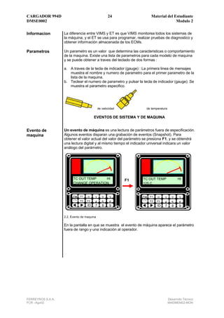 CARGADOR 994D                                      24                  Material del Estudiante
DMSE0002                                                                             Modulo 2


Informacion        La diferencia entre VIMS y ET es que VIMS monitorea todos los sistemas de
                   la máquina, y el ET se usa para programar, realizar pruebas de diagnostico y
                   obtener información almacenada de los ECMs.

Parametros         Un parametro es un valor que determina las caracteristicas o comportamiento
                   de la maquina. Existe una lista de parametros para cada modelo de maquina
                   y se puede obtener a traves del teclado de dos formas :

                   a. A traves de la tecla de indicador (gauge) : La primera linea de mensajes
                      muestra el nombre y numero de parametro para el primer parametro de la
                      lista de la maquina.
                   b. Teclear el numero de parametro y pulsar la tecla de indicador (gauge). Se
                      muestra el parametro especifico.




                                            de velocidad            de temperatura

                                        EVENTOS DE SISTEMA Y DE MAQUINA


Evento de          Un evento de máquina es una lectura de parámetros fuera de especificación.
maquina            Algunos eventos disparan una grabación de eventos (Snapshot). Para
                   obtener el valor actual del valor del parámetro se presiona F1, y se obtendrá
                   una lectura digital y al mismo tiempo el indicador universal indicara un valor
                   análogo del parámetro.




                         TC OUT TEMP    HI                 F1     TC OUT TEMP               HI
                         CHANGE OPERATION                         125 C


                         OK   F1        1      2                 OK   F1
                                   0                3                      0    1      2     3
                              F2   F3                                 F2   F3
                                        4      5    6                           4      5     6
                                   ID   7      8    9                      ID   7      8     9


                   2.2. Evento de maquina

                   En la pantalla en que se muestra el evento de máquina aparece el parámetro
                   fuera de rango y una indicación al operador.




FERREYROS S.A.A.                                                                     Desarrollo Técnico
FCR –Ago02                                                                           994DMEM02-MON
 