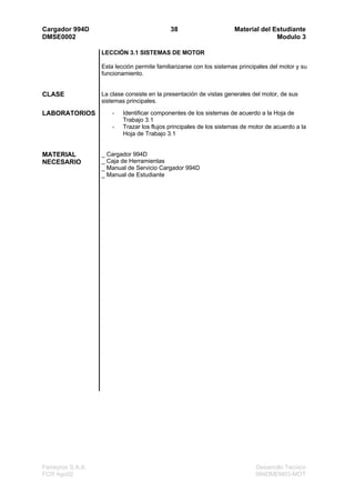 Cargador 994D                                38                       Material del Estudiante
DMSE0002                                                                            Modulo 3

                   LECCIÓN 3.1 SISTEMAS DE MOTOR

                   Esta lección permite familiarizarse con los sistemas principales del motor y su
                   funcionamiento.


CLASE              La clase consiste en la presentación de vistas generales del motor, de sus
                   sistemas principales.

LABORATORIOS           -   Identificar componentes de los sistemas de acuerdo a la Hoja de
                           Trabajo 3.1
                       -   Trazar los flujos principales de los sistemas de motor de acuerdo a la
                           Hoja de Trabajo 3.1


MATERIAL           _ Cargador 994D
NECESARIO          _ Caja de Herramientas
                   _ Manual de Servicio Cargador 994D
                   _ Manual de Estudiante




Ferreyros S.A.A.                                                              Desarrollo Tecnico
FCR Ago02                                                                     994DMEM03-MOT
 