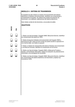 CARGADOR 994D                                 60                        Material del Estudiante
DMSE0002                                                                              Modulo 4


                   MODULO 4 : SISTEMA DE TRANSMISION

                   El propósito de este módulo es mostrar el funcionamiento del sistema
                   electrónico e hidráulico de la transmisión, identificar sus componentes y
                   procedimientos de ajustes. Se realizan las pruebas de presiones de
                   transmisión y se realizaran calibraciones del sistema electrónico.

                   Este módulo consta de dos lecciones y una prueba de salida.

                   OBJETIVOS
   INICIO


            FIN




                   1. Dados una hoja de trabajo, Cargador 994D, Manual de Servicio, identificar
                   los componentes del sistema al 100%

                   2. Dados el esquema hidráulico de la transmisión del Cargador 994D y
                   plumones de color, trazar sin error el flujo de aceite durante la operación en
                   una marcha dada. (se realiza en grupos).

                   3. Dados un listado de componentes del sistema hidráulico de la transmisión
                   y una lista de funciones, identificar el componente con la funcion.

                   4. Dados una hoja de trabajo, Cargador 994D, el Manual de Pruebas y
                   Ajustes y herramientas adecuadas, realizar la evaluación de presiones de la
                   transmisión y de embragues de convertidor.

                   5. Dados una hoja de trabajo, Cargador 994D, Manual de Servicio, identificar
                   los componentes del sistema electrónico de transmisión y explicar sus
                   funciones al 100%




FERREYROS S.A.A.                                                                  Desarrollo Técnico
FCR-Ago03                                                                       994DMEM04-TRANS
 