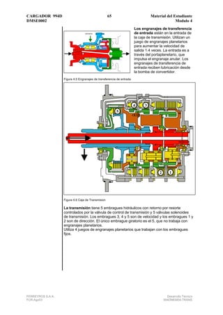 CARGADOR 994D                                       65                           Material del Estudiante
DMSE0002                                                                                       Modulo 4
                                                                       Los engranajes de transferencia
                                  lubricacion                          de entrada están en la entrada de
                                                                       la caja de transmisión. Utilizan un
                                                                       juego de engranajes planetarios
                                                                       para aumentar la velocidad de
                                                                       salida 1.4 veces. La entrada es a
                                                                       través del portaplanetario, que
                                                                       impulsa el engranaje anular. Los
                                                                       engranajes de transferencia de
                                                                       entrada reciben lubricación desde
                                                                       la bomba de convertidor.
                   Figura 4.5 Engranajes de transferencia de entrada




                                                                       4     3
                                                         5




                                                                                      2       1




                   Figura 4.6 Caja de Transmision

                   La transmisión tiene 5 embragues hidráulicos con retorno por resorte
                   controlados por la válvula de control de transmisión y 5 válvulas solenoides
                   de transmisión. Los embragues 3, 4 y 5 son de velocidad y los embragues 1 y
                   2 son de dirección. El único embrague giratorio es el 5, que no trabaja con
                   engranajes planetarios.
                   Utiliza 4 juegos de engranajes planetarios que trabajan con los embragues
                   fijos.




FERREYROS S.A.A.                                                                            Desarrollo Técnico
FCR-Ago03                                                                                 994DMEM04-TRANS
 