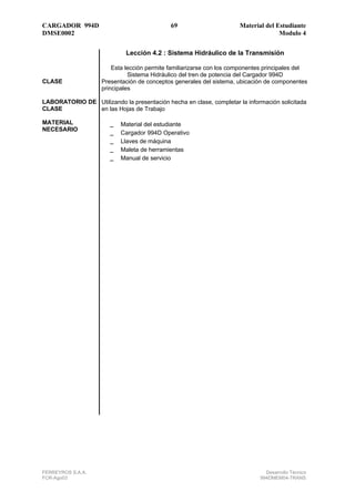 CARGADOR 994D                                69                       Material del Estudiante
DMSE0002                                                                            Modulo 4


                             Lección 4.2 : Sistema Hidráulico de la Transmisión

                        Esta lección permite familiarizarse con los componentes principales del
                              Sistema Hidráulico del tren de potencia del Cargador 994D
CLASE               Presentación de conceptos generales del sistema, ubicación de componentes
                    principales

LABORATORIO DE Utilizando la presentación hecha en clase, completar la información solicitada
CLASE          en las Hojas de Trabajo

MATERIAL               _ Material del estudiante
NECESARIO
                       _ Cargador 994D Operativo
                       _ Llaves de máquina
                       _ Maleta de herramientas
                       _ Manual de servicio




FERREYROS S.A.A.                                                               Desarrollo Técnico
FCR-Ago03                                                                    994DMEM04-TRANS
 