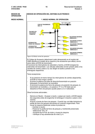 CARGADOR 994D                                    92                     Material del Estudiante
DMSE0002                                                                              Modulo 4

MODOS DE           MODOS DE OPERACIÓN DEL SISTEMA ELECTRONICO
OPERACIÓN

MODO NORMAL                               1. MODO NORMAL DE OPERACION

                                                                     CAT DATA LINK
                                     ECM DE TRANSMISION
                                     MAC-14




                        PALANCA DE
                        VELOCIDAD
                        Y MARCHA

                                                                                SOLENOIDE REVERSA
                                                                                EMBRAGUE 1

                                                                                 SOLENOIDE AVANCE
                                                                                 EMBRAGUE 2
                       INTERRUPTOR
                       FRENO DE PARQUEO                                          SOLENOIDE TERCERA
                                                                                 EMBRAGUE 3
                       INTERRUPTOR
                       BLOQUEO TRANS/DIREC
                                                                                 SOLENOIDE SEGUNDA
                                                                                 EMBRAGUE 4

                                                                                 SOLENOIDE PRIMERA
                                                                                 EMBRAGUE 5

                   Figura 4.36 Modo normal de operacion

                   El Código de Accesorio (attachment code) almacenado en el modulo del
                   VIMS identifica el modelo de la maquina y los accesorios que utiliza y envía
                   estos datos al ECM de transmisión.
                   Al accionar los interruptores de velocidad y marcha, el ECM energiza los
                   solenoides de transmisión. Las válvulas solenoides envían presión piloto a los
                   carretes de control y estos a su vez dirigen el aceite a presión a los
                   embragues respectivos.

                   Tiene excepciones :

                   -     Si se presiona al mismo tiempo los interruptores de cambio abajo/arriba,
                         el ECM no hace ningún cambio
                   -     Al poner la palanca de traba de dirección/transmisión en posición
                         bloqueado, la transmisión se neutraliza
                   -     Al accionar la palanca de freno de parqueo a la posición de parqueo, la
                         transmisión se neutraliza, y no pasara a 1F ni a 1R hasta que se
                         desactive el freno de parqueo (puede pasar a 2 o 3 velocidad).

                   Otras funciones adicionales :

                   -     Demora en Neutro : Al pasar a neutro, o pasar por neutro, el ECM espera
                         dos segundos antes de enganchar el embrague 3 (neutro) o pasar a otra
                         marcha.
                   -     Avance a través de freno de parqueo : Cuando hay una falla hidráulica la
                         perilla de freno de parqueo permanece en posición enganchado. Para
                         mover la maquina distancias cortas el proceso es :
                           - Cambiar a neutro
                           - Presionar la perilla de freno de parqueo y mantenerla presionada
                            - Seleccionar 1R o 1F
                            - Aumente las R.P.M. de motor y mueva la maquina
                            - Verifique si hay advertencias de nivel 2 y 4.




FERREYROS S.A.A.                                                                  Desarrollo Técnico
FCR-Ago03                                                                       994DMEM04-TRANS
 